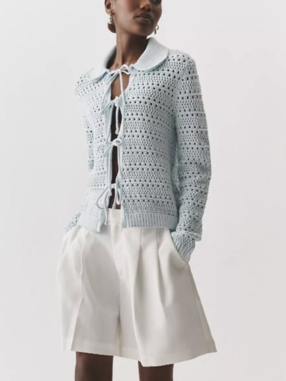 Anthropologie NVLT Crochet Knit Tie-Front Sweater Cardigan Jacket Baby Blue XS